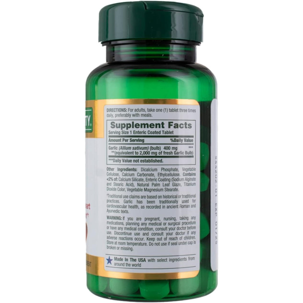 Supplement facts panel for Nature's Bounty Garlic 2000mg