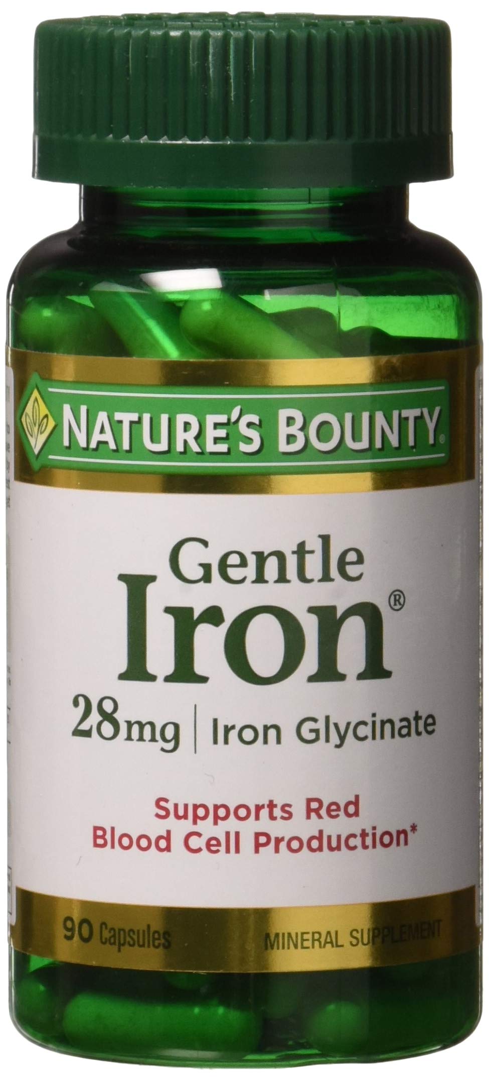 Nature's Bounty Gentle Iron 28 mg bottle and label
