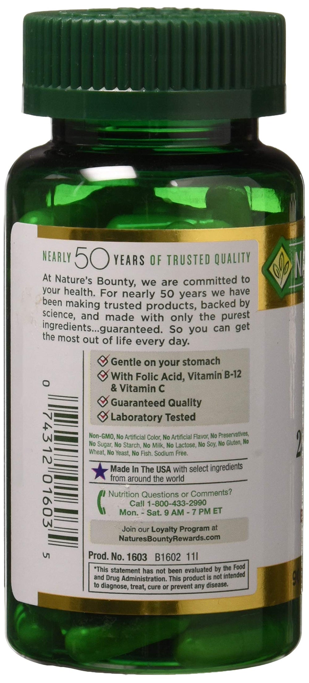 Close-up of iron content showing 28 mg per capsule