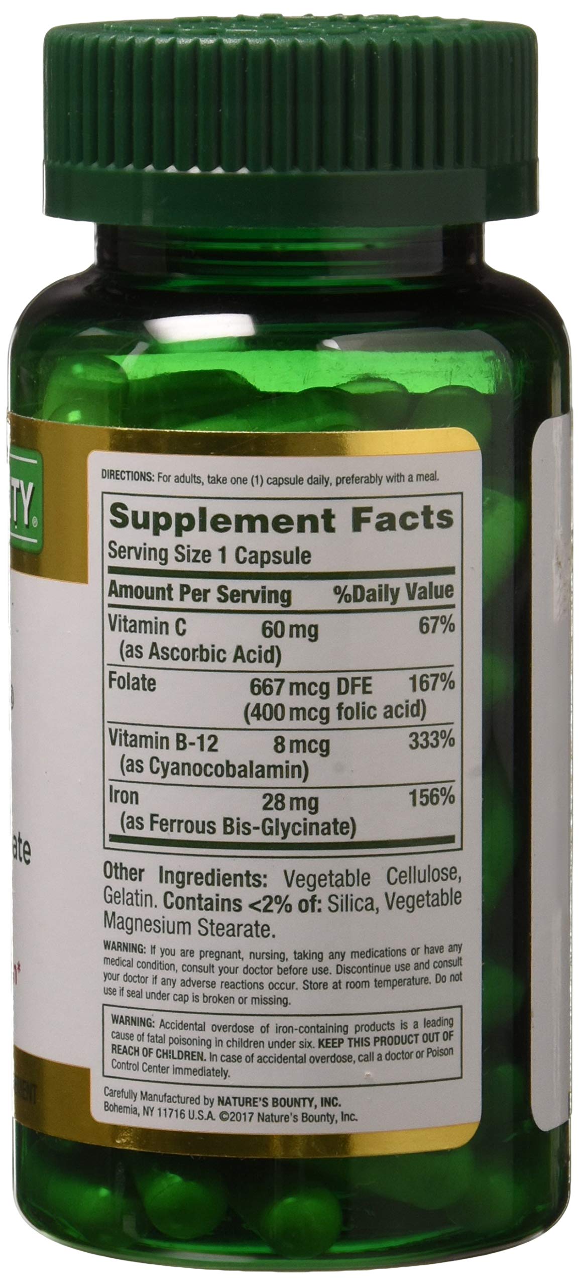 Bottle of Nature's Bounty Gentle Iron 28 mg with packaging