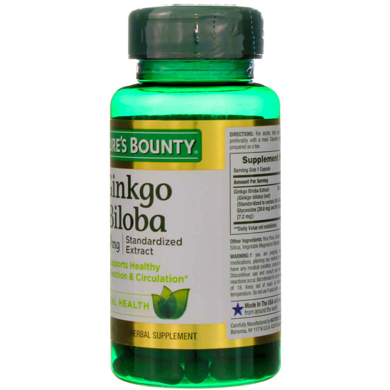 Nutrition facts panel on Nature's Bounty Ginkgo Biloba bottle