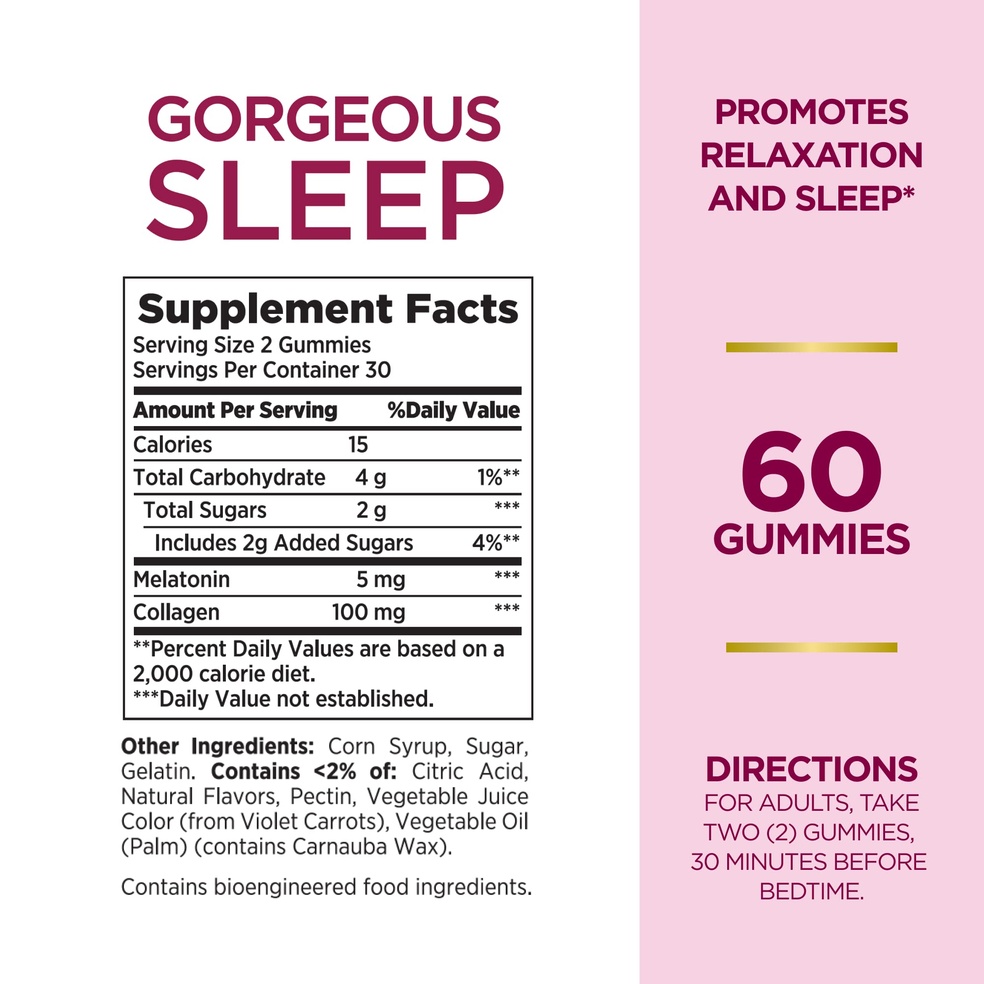 Back view of Nature's Bounty Gorgeous Sleep Melatonin Gummies with Collagen box