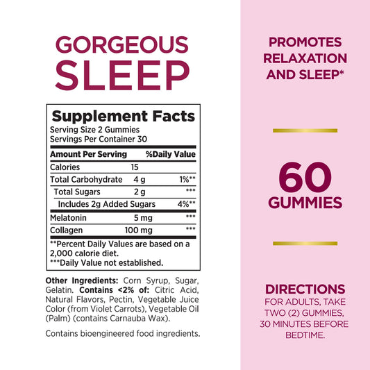 Back view of Nature's Bounty Gorgeous Sleep Melatonin Gummies with Collagen box