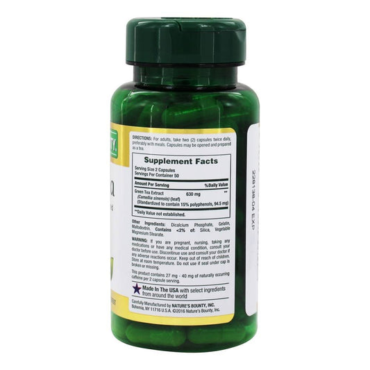 Close-up of Nature's Bounty Green Tea Extract capsules