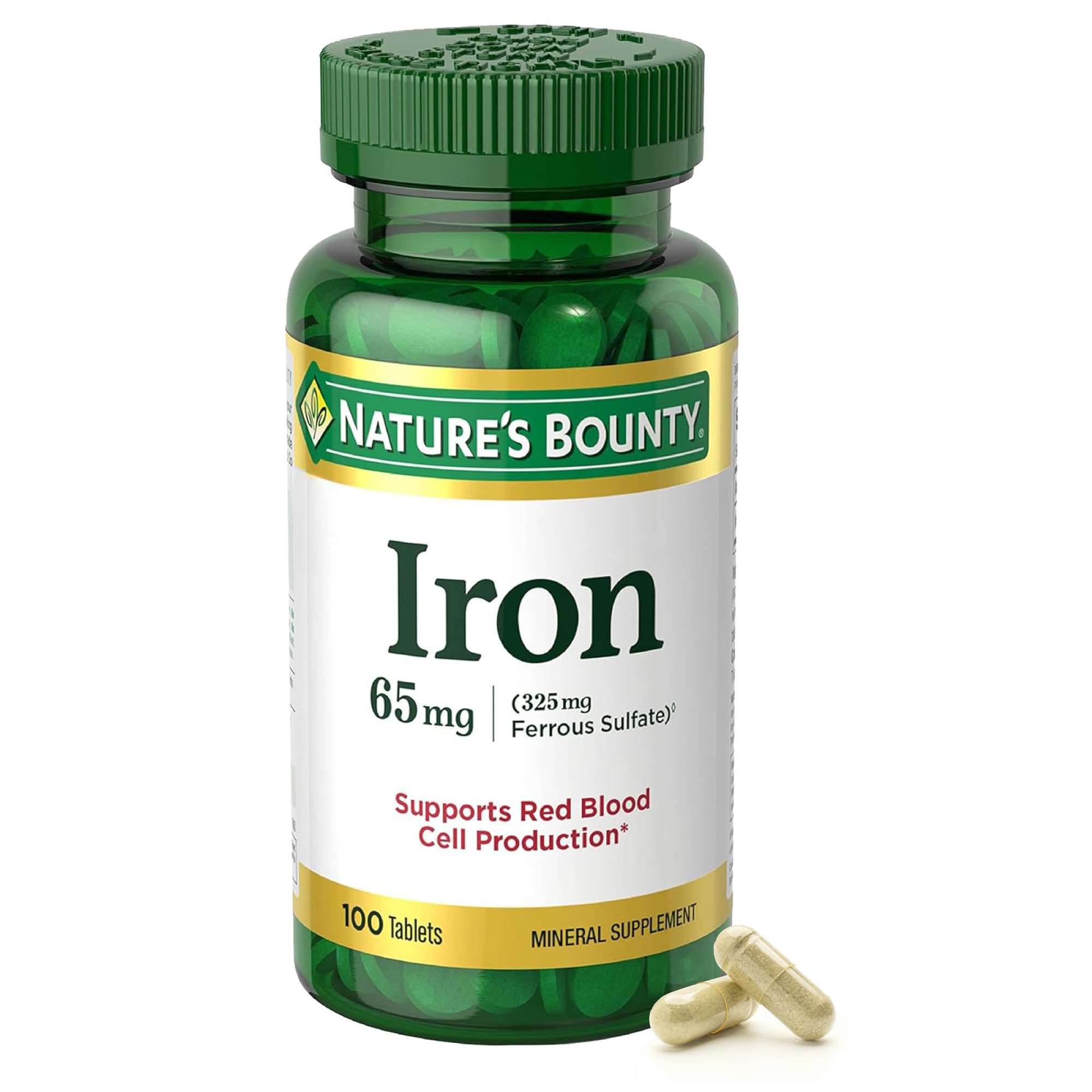 Nature's Bounty Iron 65 mg bottle with ferrous sulfate