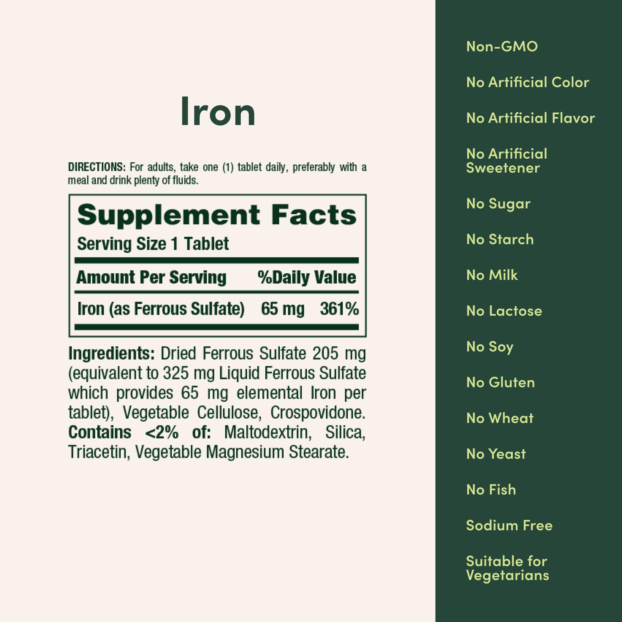 Close-up of Nature's Bounty Iron 65 mg label displaying elemental iron content