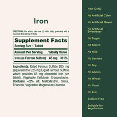 Close-up of Nature's Bounty Iron 65 mg label displaying elemental iron content