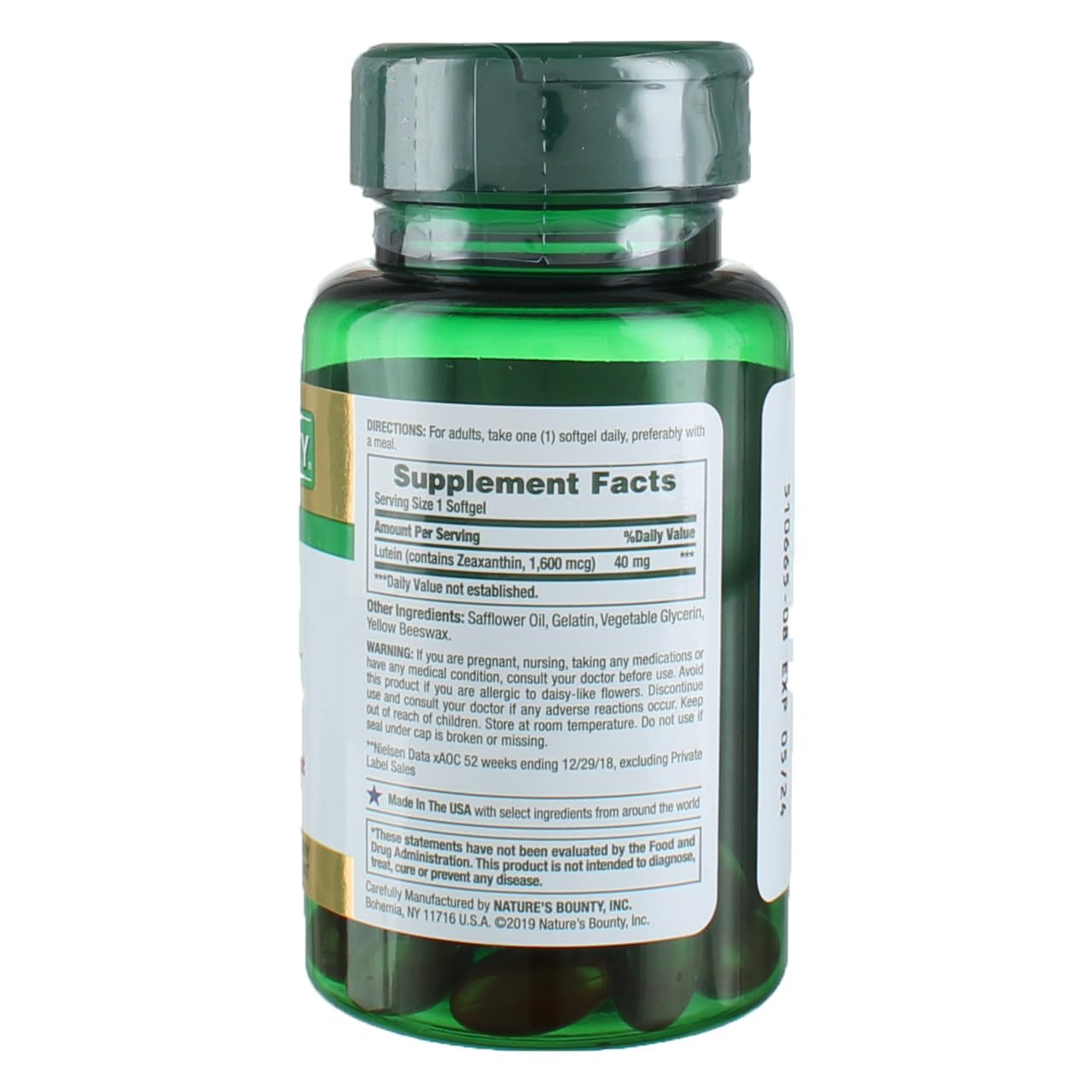 Close-up of Nature's Bounty Lutein 40 mg softgels