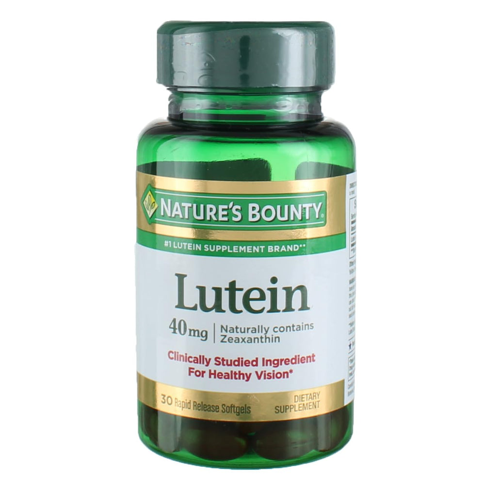 Nature's Bounty Lutein 40 mg softgels bottle supports eye health for adults.