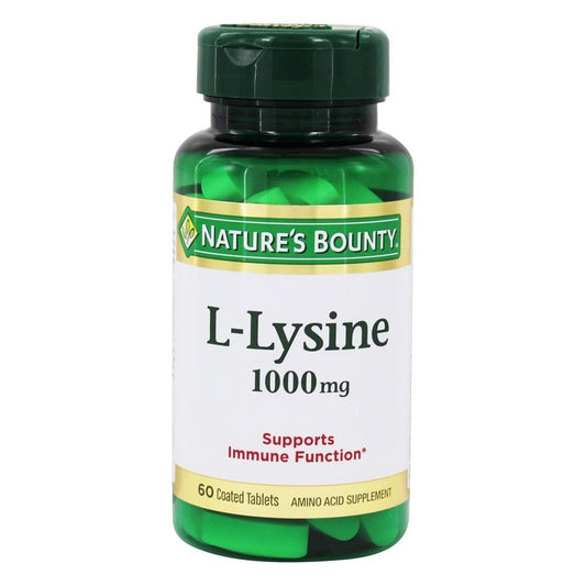 Close-up of Nature's Bounty L-Lysine 1000mg bottle