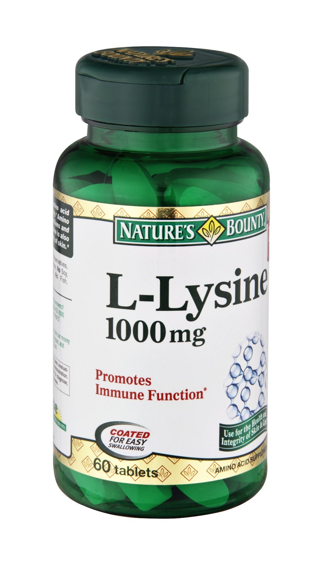 Packaging image showing Nature's Bounty L-Lysine 1000 mg vegetarian tablets
