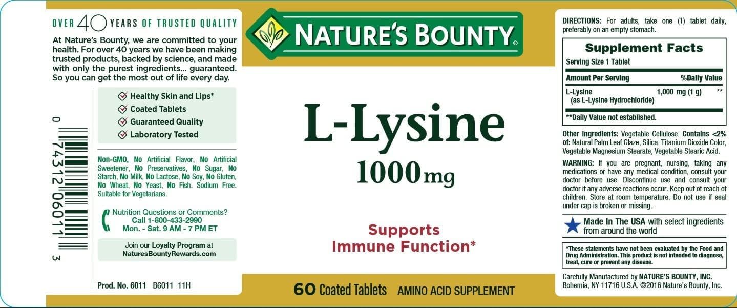 Product shot showing four-pack Nature's Bounty L-Lysine 1000 mg