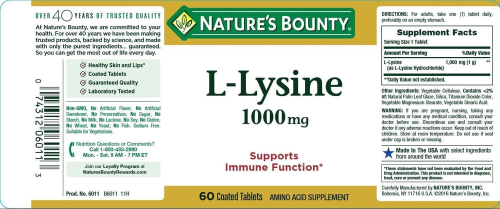 Product shot showing four-pack Nature's Bounty L-Lysine 1000 mg