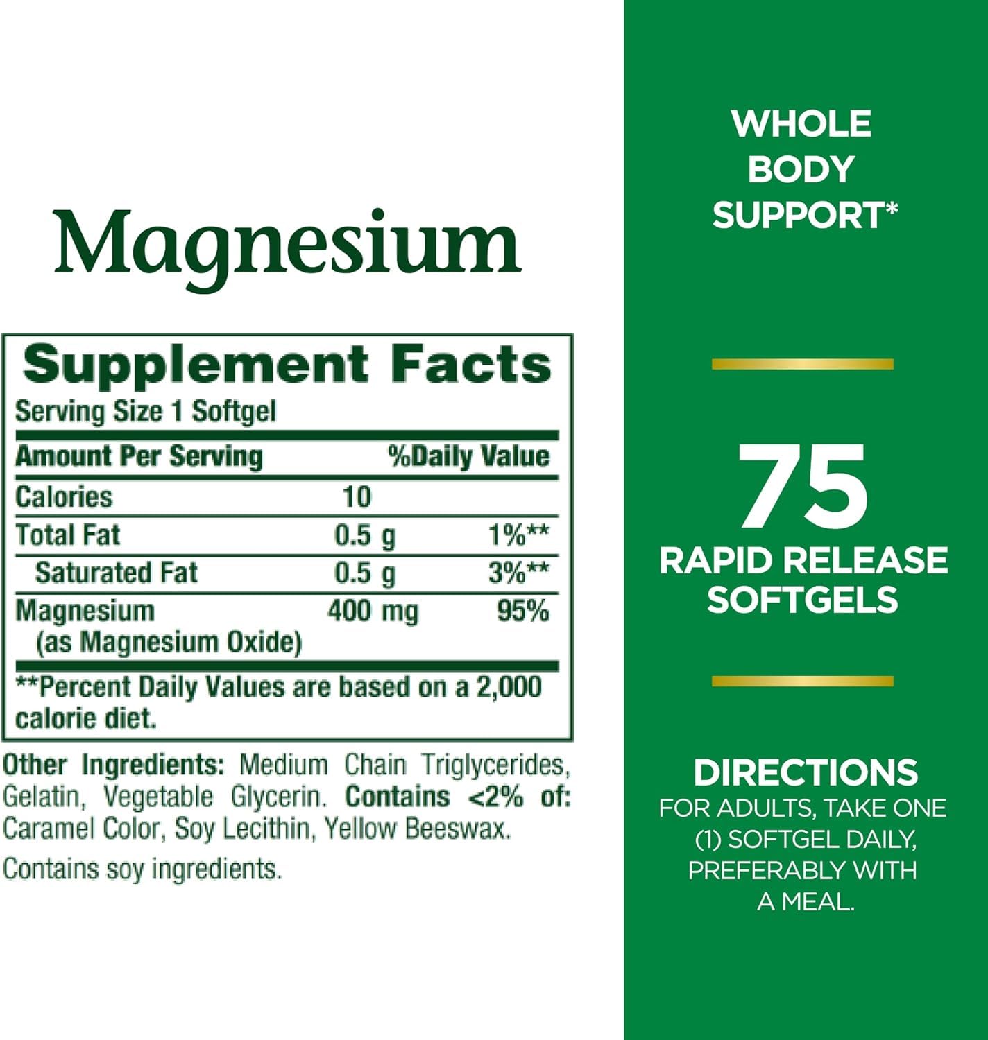 Close-up of Nature's Bounty Magnesium 400 mg Softgels