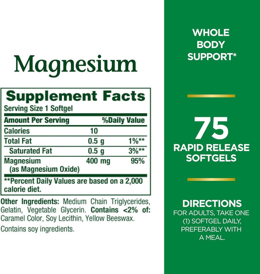 Close-up of Nature's Bounty Magnesium 400 mg Softgels