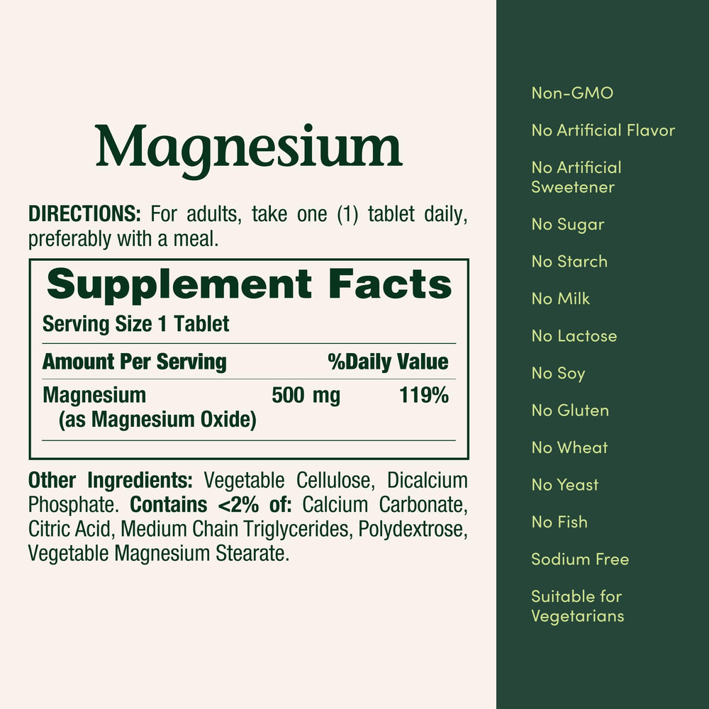 Close-up of Nature's Bounty magnesium 500 mg tablet