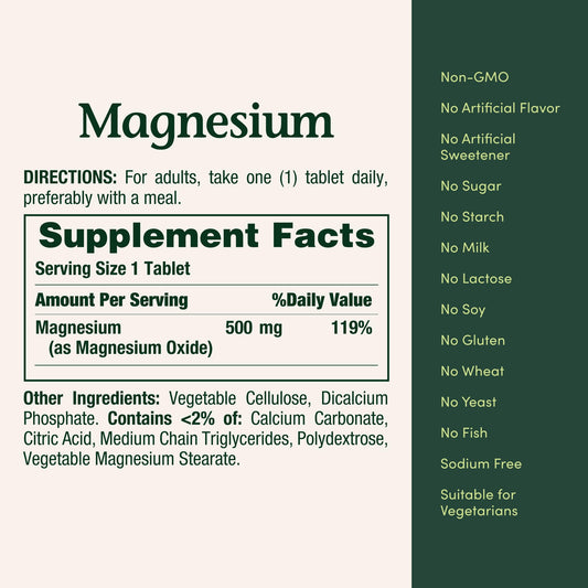 Close-up of Nature's Bounty magnesium 500 mg tablet
