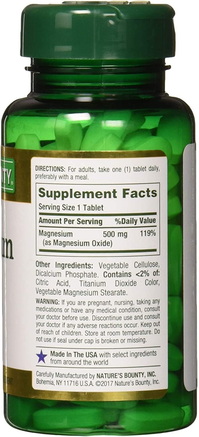 Front label of Nature's Bounty Magnesium 500 mg tablets