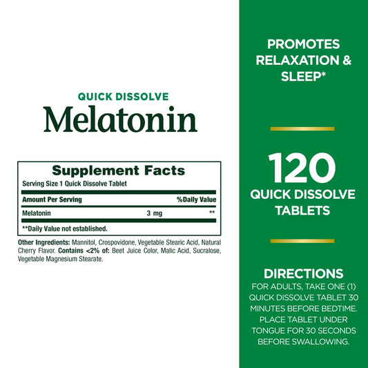 Close-up of Nature's Bounty Melatonin 3 mg quick-dissolve tablets