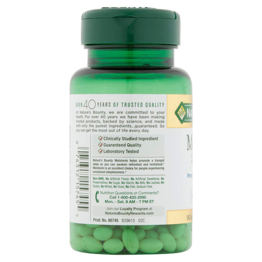 Close-up of Nature's Bounty Melatonin 5 mg softgels bottle and label