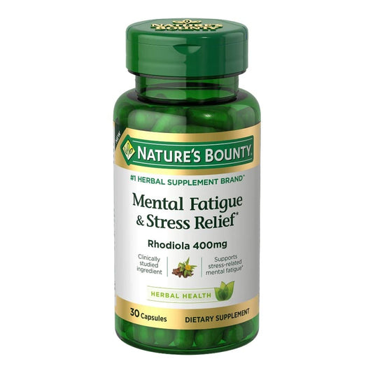 Hero image showing Nature's Bounty Mental Fatigue & Stress Relief 400 mg Rhodiolife capsules, 30-count