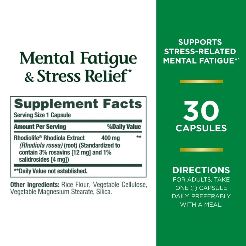 Product label highlighting 400 mg Rhodiolife and non-GMO claims