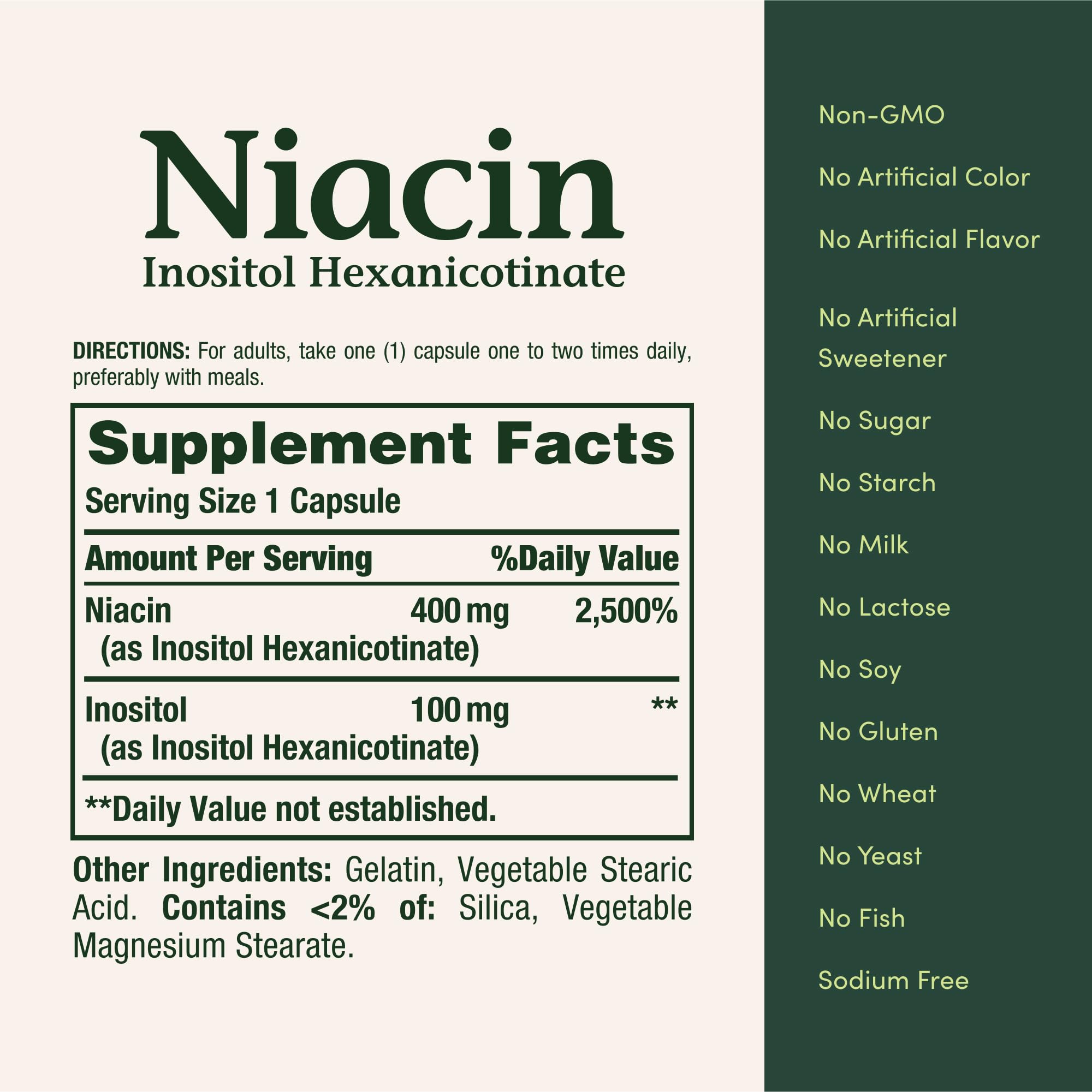Gluten-free flush-free Niacin 500mg formula