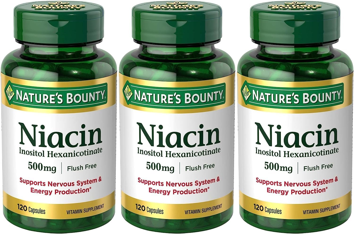 Set of 3 Nature's Bounty Niacin Flush-Free 500 mg bottles, 120 capsules each, Maven Gifts