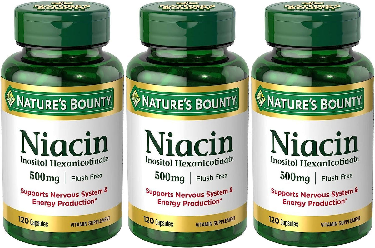 Set of 3 Nature's Bounty Niacin Flush-Free 500 mg bottles, 120 capsules each, Maven Gifts