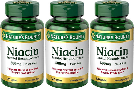 Set of 3 Nature's Bounty Niacin Flush-Free 500 mg bottles, 120 capsules each, Maven Gifts