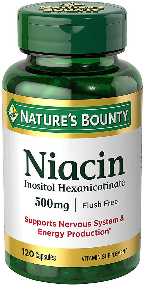 Nature's Bounty Niacin Flush Free bottle with glass – easy daily routine.
