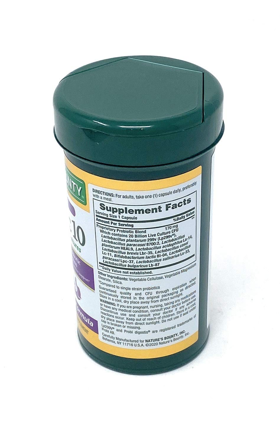 Close-up of Probiotic 10 label showing 20 billion cultures and 10 strains