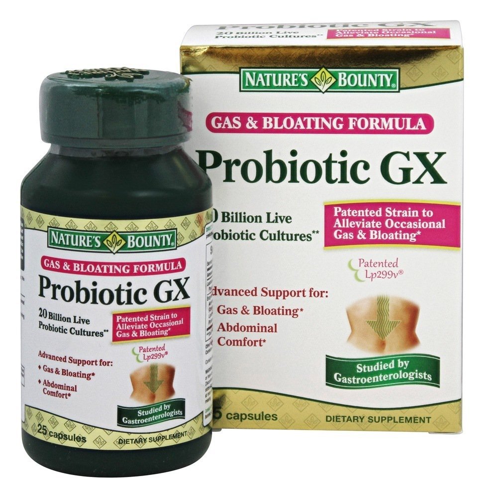 Nature's Bounty Probiotic GX bottle front showing gas support features