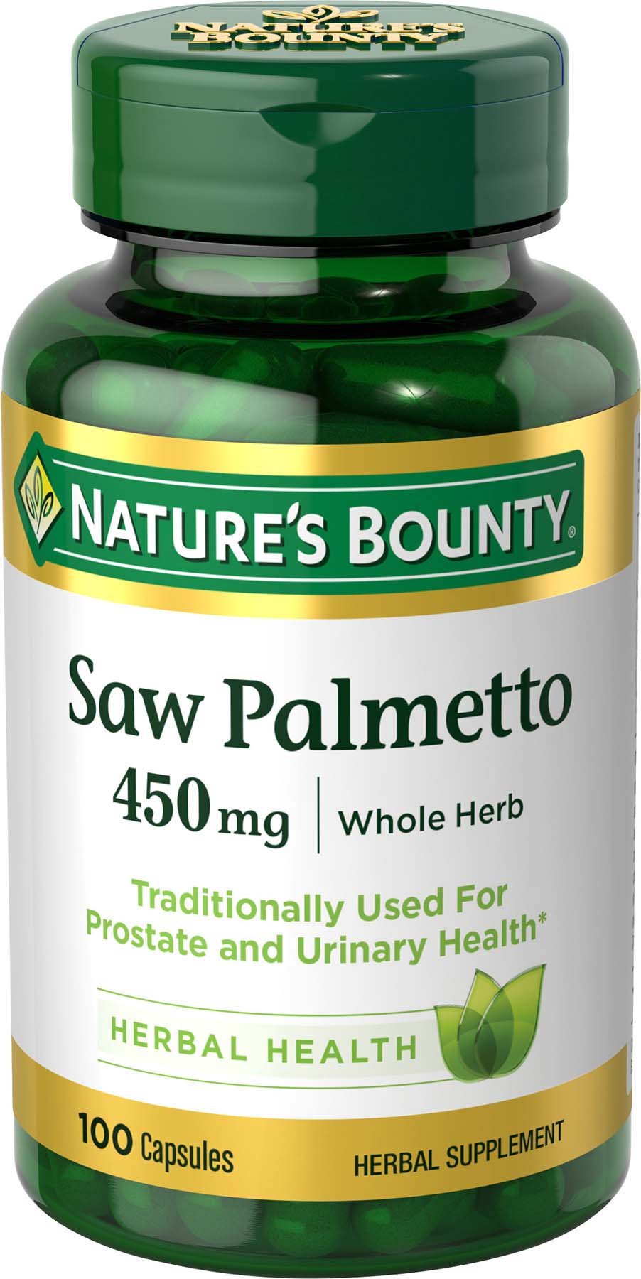 Nature's Bounty Saw Palmetto bottle label 450 mg 100 capsules