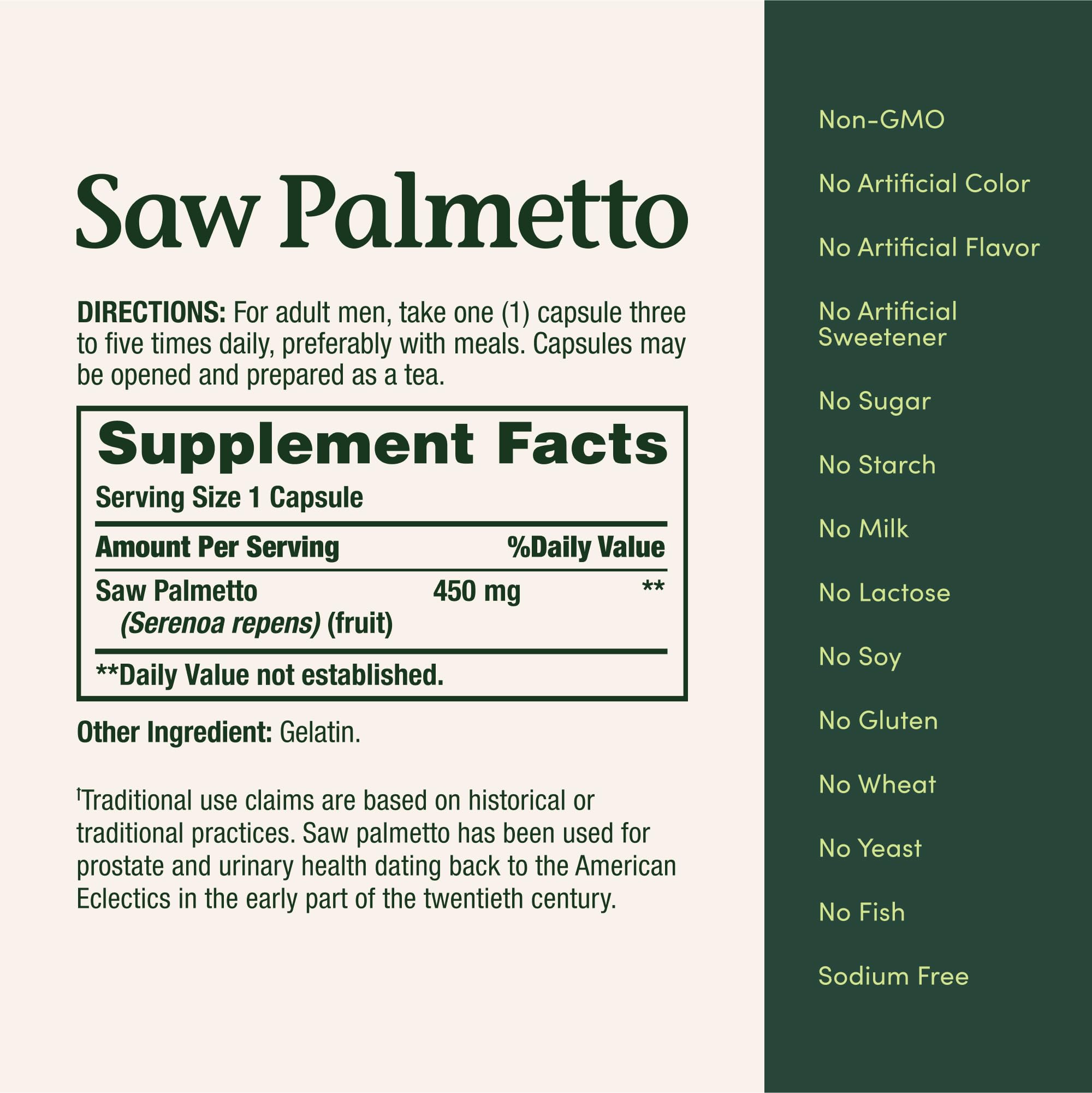 Saw Palmetto 450 mg capsules close-up