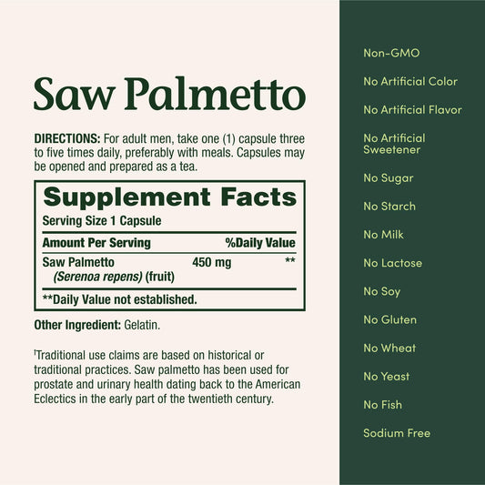 Saw Palmetto 450 mg capsules close-up