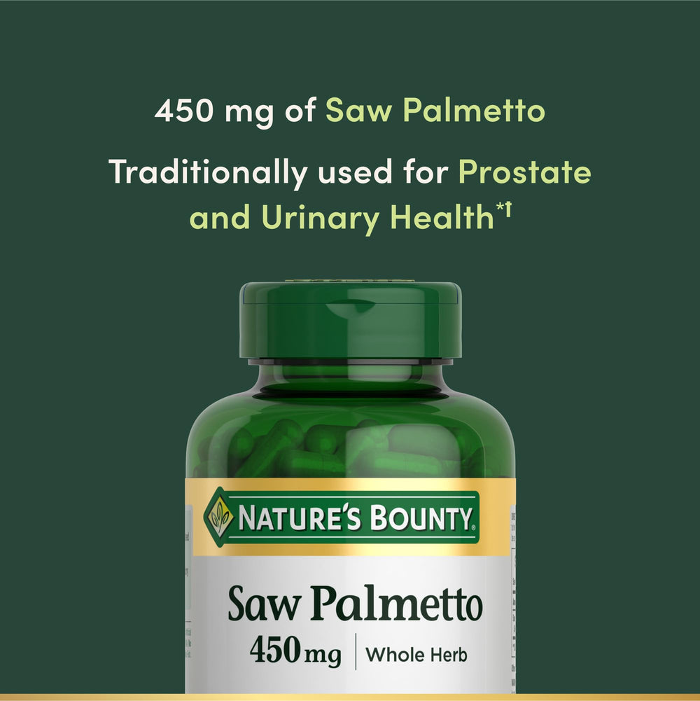 Bottle label showing Saw Palmetto 450 mg per capsule