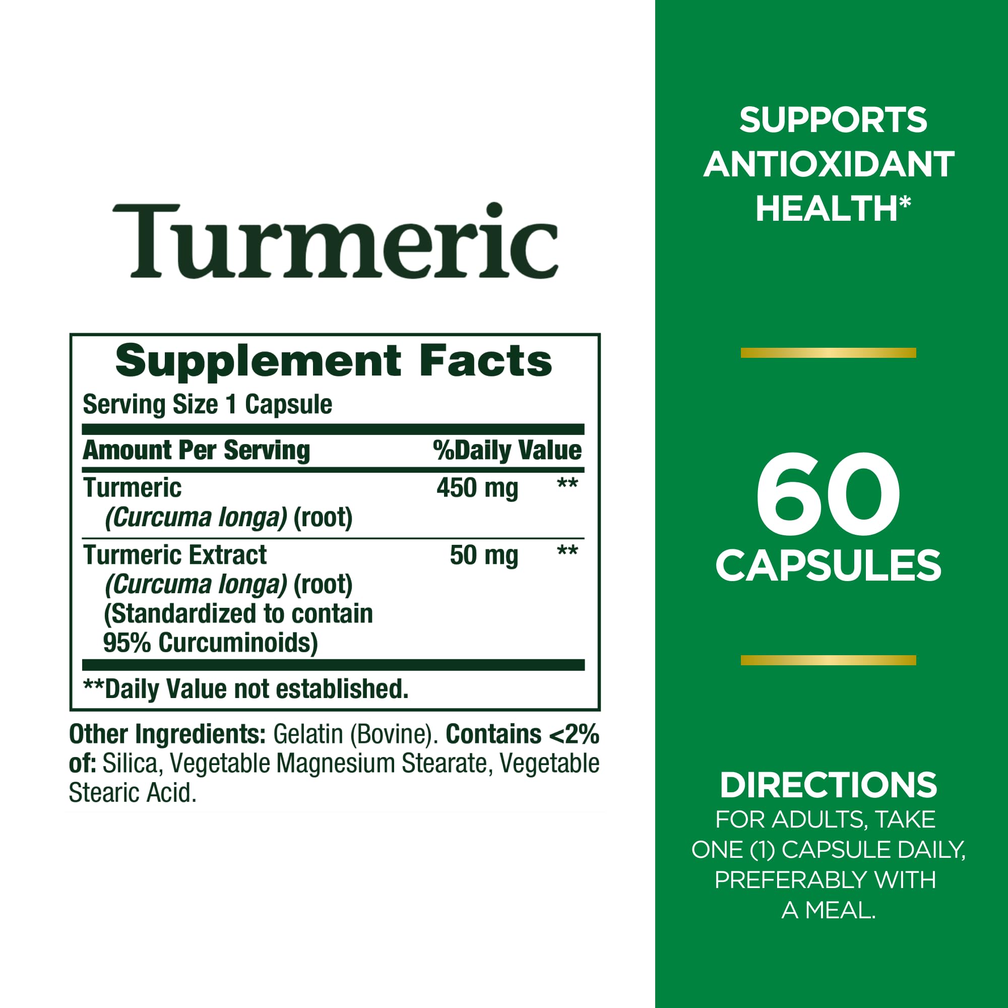 Nature's Bounty Turmeric Capsules bottle back showing supplement facts