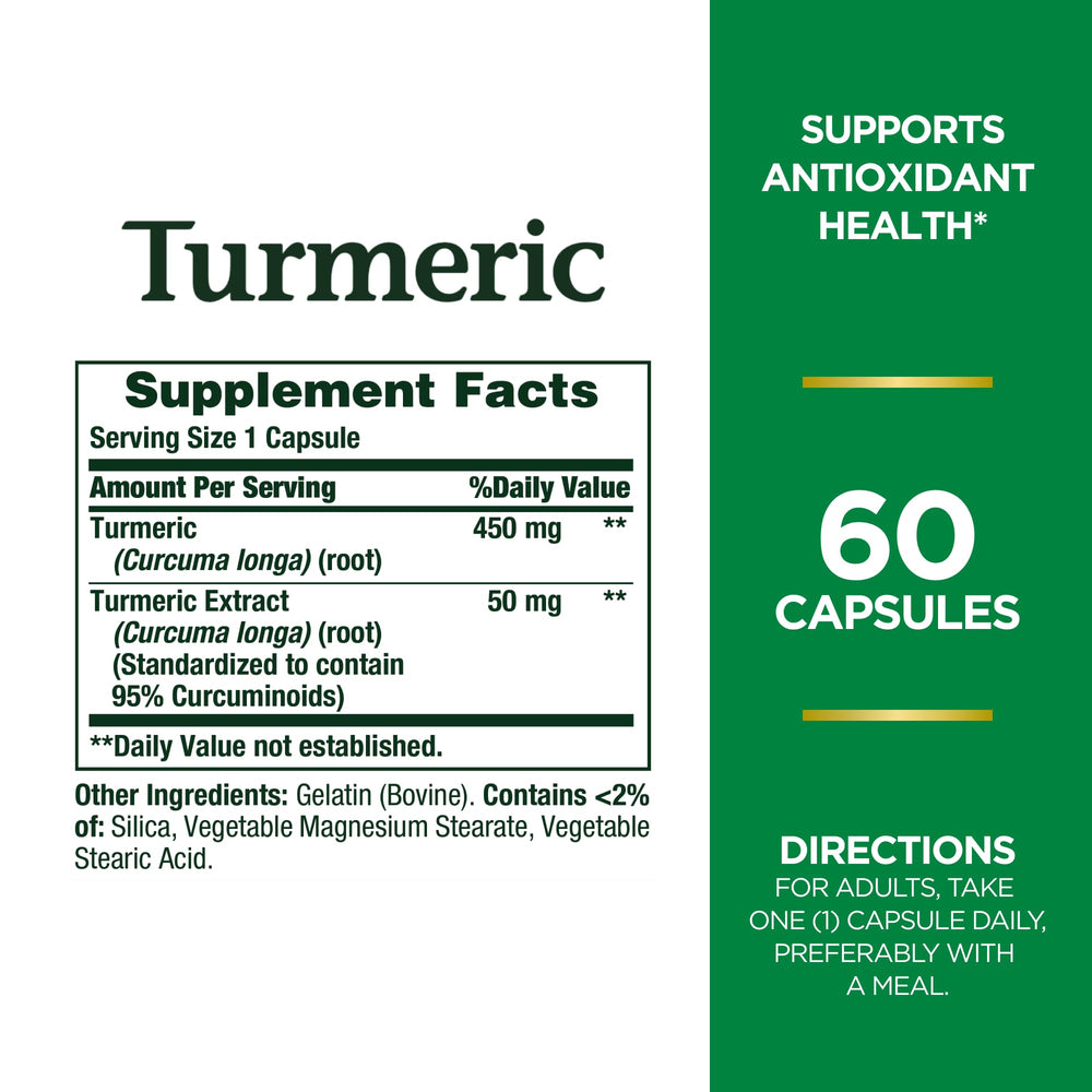 Nature's Bounty Turmeric Capsules bottle back showing supplement facts