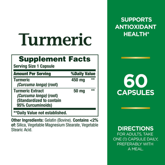Nature's Bounty Turmeric Capsules bottle back showing supplement facts