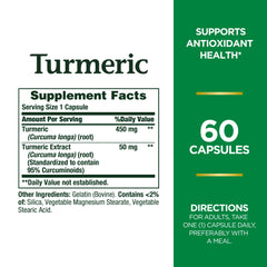 Nature's Bounty Turmeric Capsules bottle back showing supplement facts