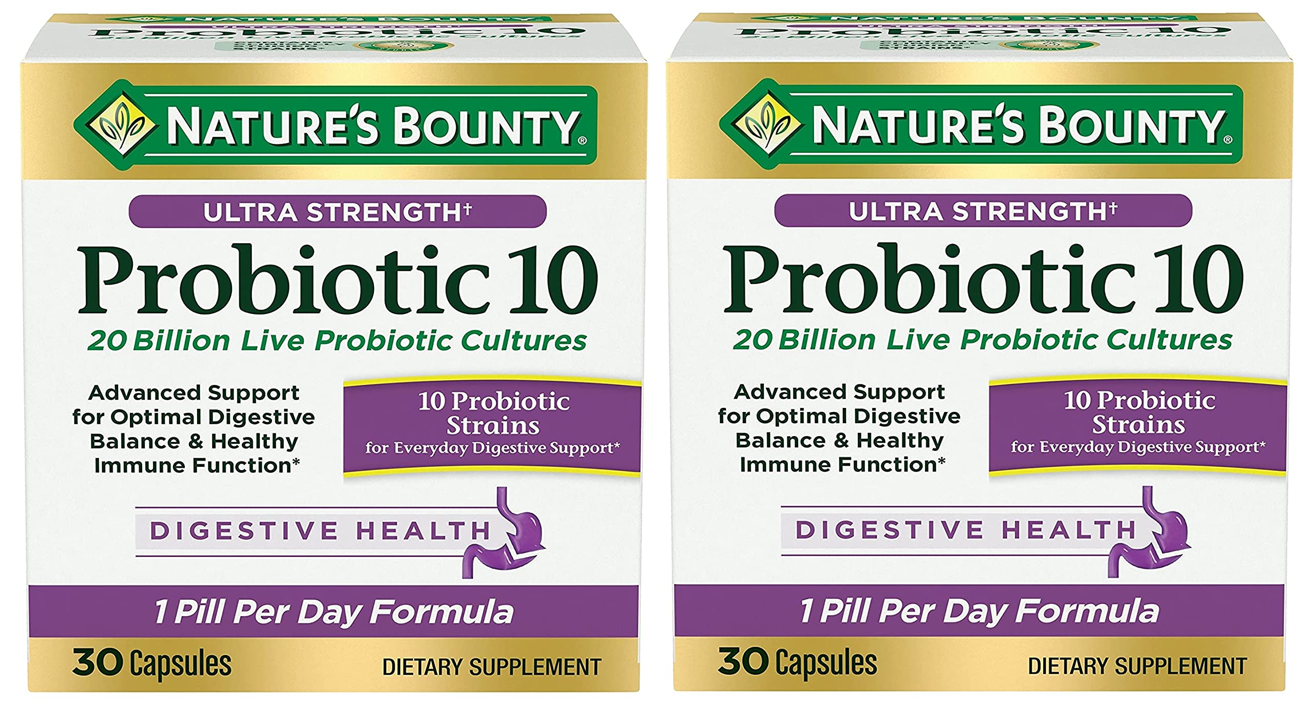 Front view of Nature's Bounty Ultra Strength Probiotic 10 Twin Pack bottle