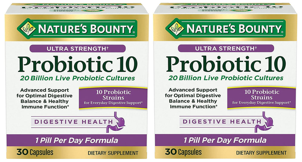 Front view of Nature's Bounty Ultra Strength Probiotic 10 Twin Pack bottle