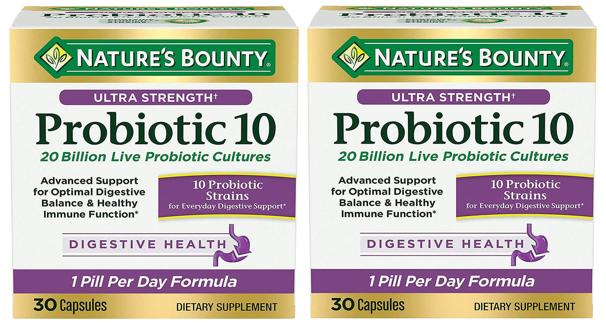 Front view of Nature's Bounty Ultra Strength Probiotic 10 Twin Pack bottle
