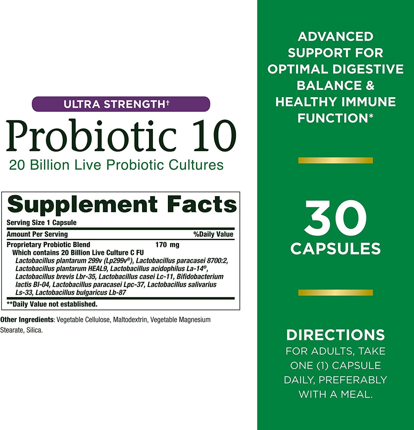 Close-up of Probiotic 10 bottle label showing 20 billion CFU