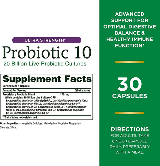 Close-up of Probiotic 10 bottle label showing 20 billion CFU