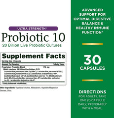 Close-up of Probiotic 10 bottle label showing 20 billion CFU