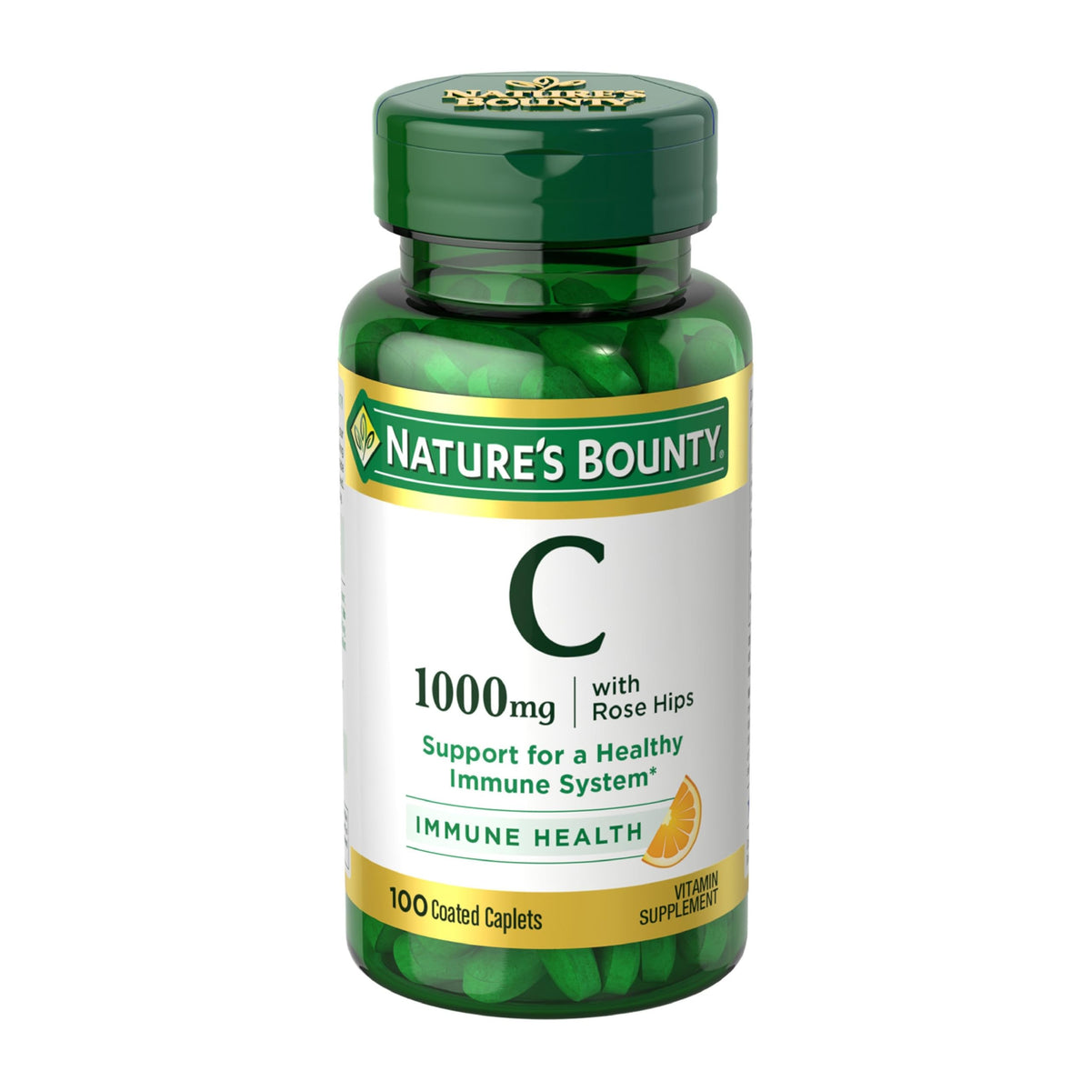 Front view of Nature's Bounty Vitamin C + Rose Hips Caplets bottle