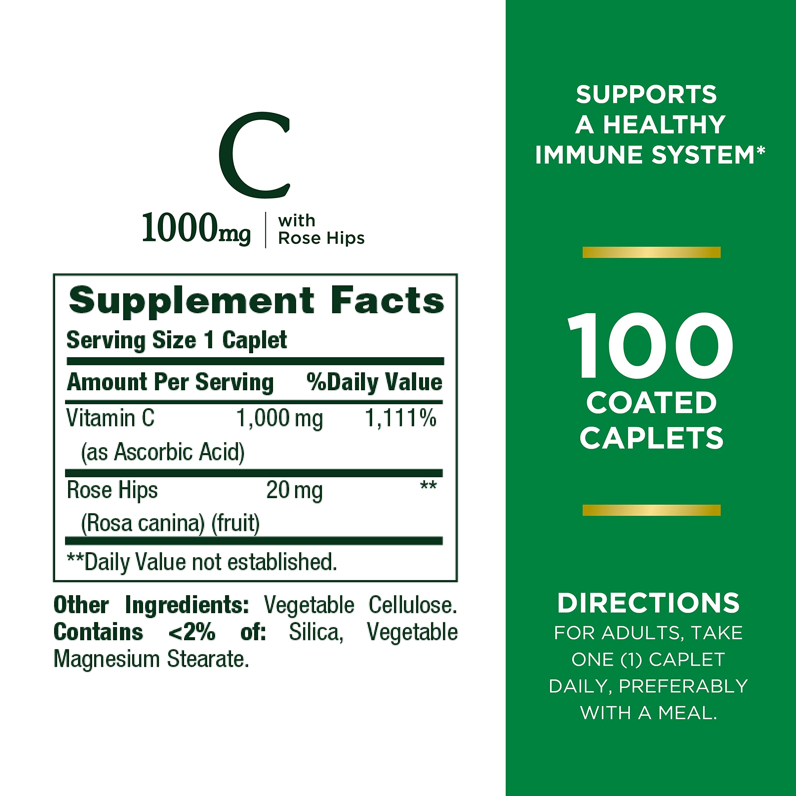 Close-up showing 1000 mg Vitamin C and Rose Hips ingredients