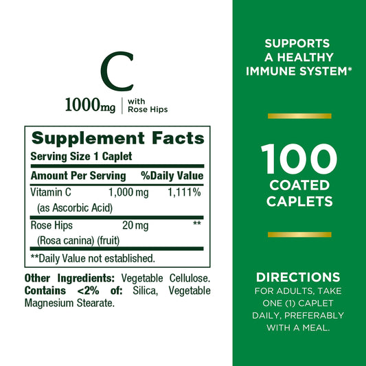 Close-up showing 1000 mg Vitamin C and Rose Hips ingredients
